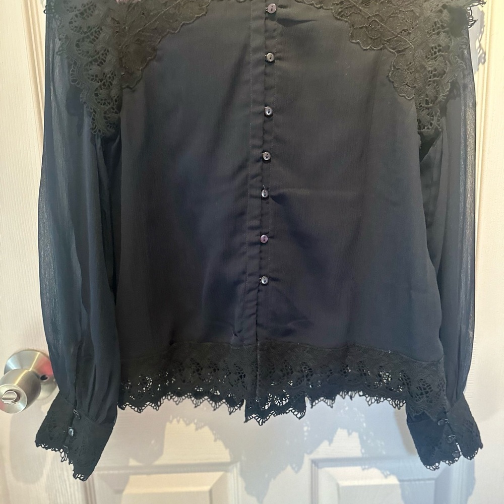Anthro Love Sam Floral Black Lace Top & Pleated Blouse In Navy Crocheted S Small - Picture 7 of 15